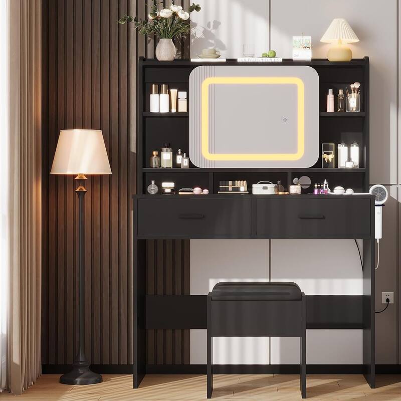 2 Drawer Vanity Desk Makeup Table with Charging Station, Storage Shelves