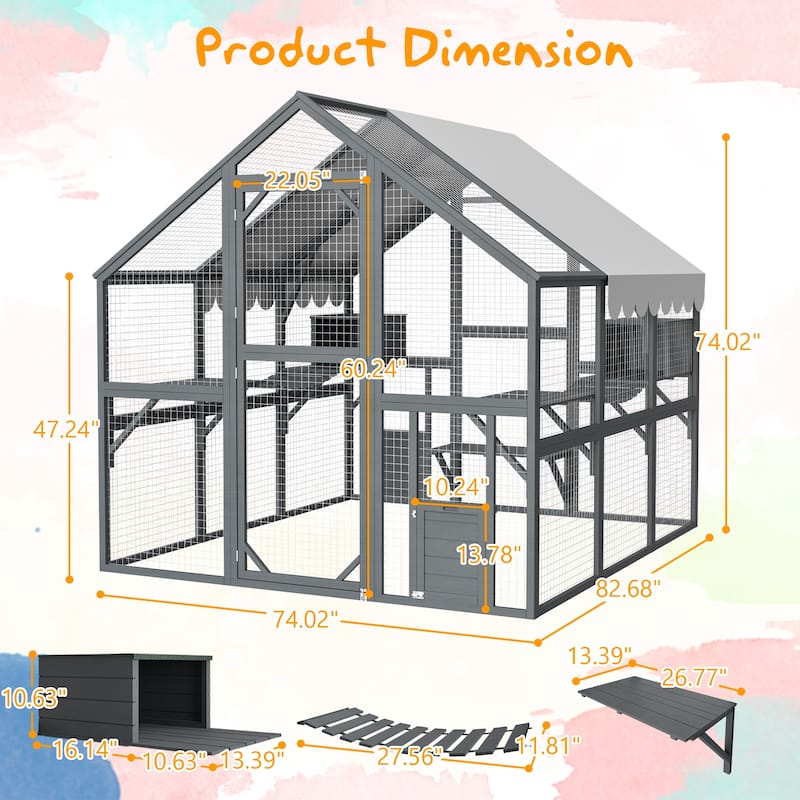 Premium Outdoor Cat Run - 82" Wooden Catio Mansion with Bridges, Paths, Cabins & Roof Cover