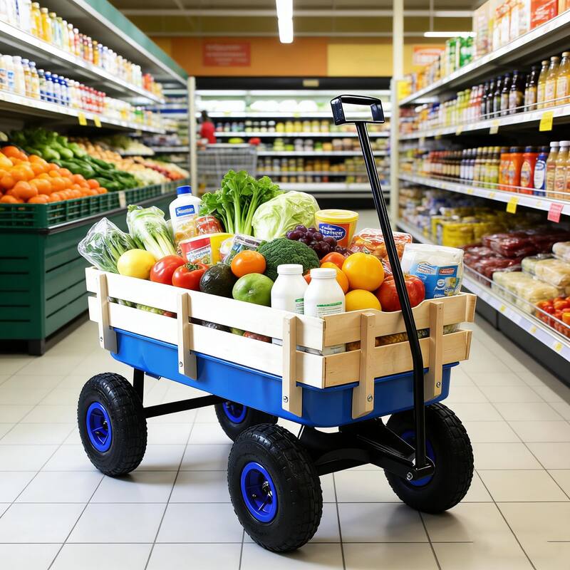 Anmytek Garden Cart Utility Wagon with Inflatable Tires Outdoor Hauler Blue Wooden
