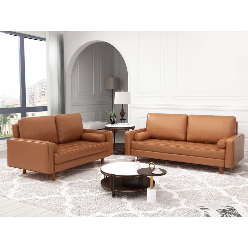 2 Piece Mid-Century Square Arm Leather Sofa Living Room Set - Sofa Width:70" &Loveseat Width:58" - Brown
