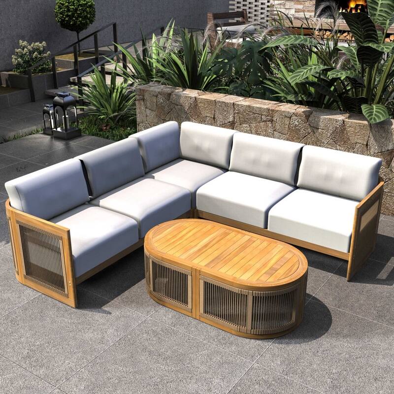 Modern Outdoor Modular Woven Conversation Sofa Set with Acacia Frame and Oval Coffee Table - 4-seater(L shape)