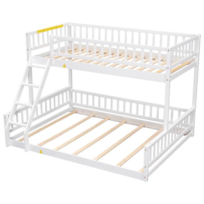 Twin XL over Queen Bunk Bed with Ladder and Guardrails in White