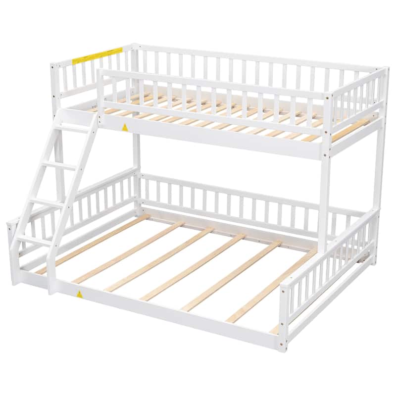 White Twin XL over Queen Size Bunk Bed with Ladder and Guardrails for Kids, Boys and Girls, Bedroom