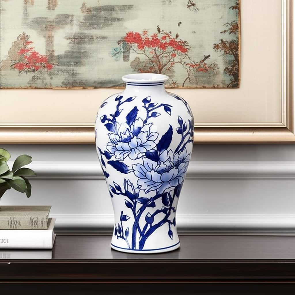 13" Blue And White Floral Chinoiserie Round Porcelain Table Vase - 8.00