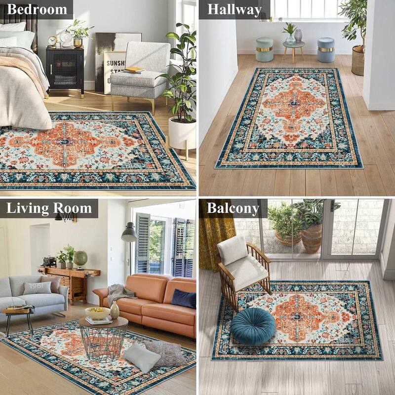 Boho Vintage Area Rug Machine Washable Low Pile Soft Floor Carpet