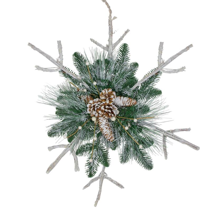24" Green White Frosted Mixed Pine Twig Snowflake Christmas Ornament
