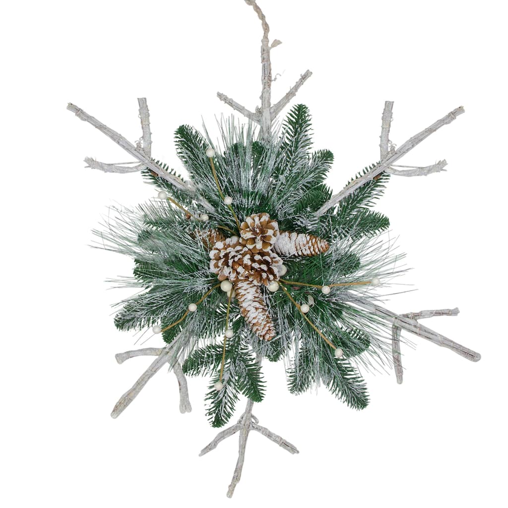 24" Green White Frosted Mixed Pine Twig Snowflake Christmas Ornament