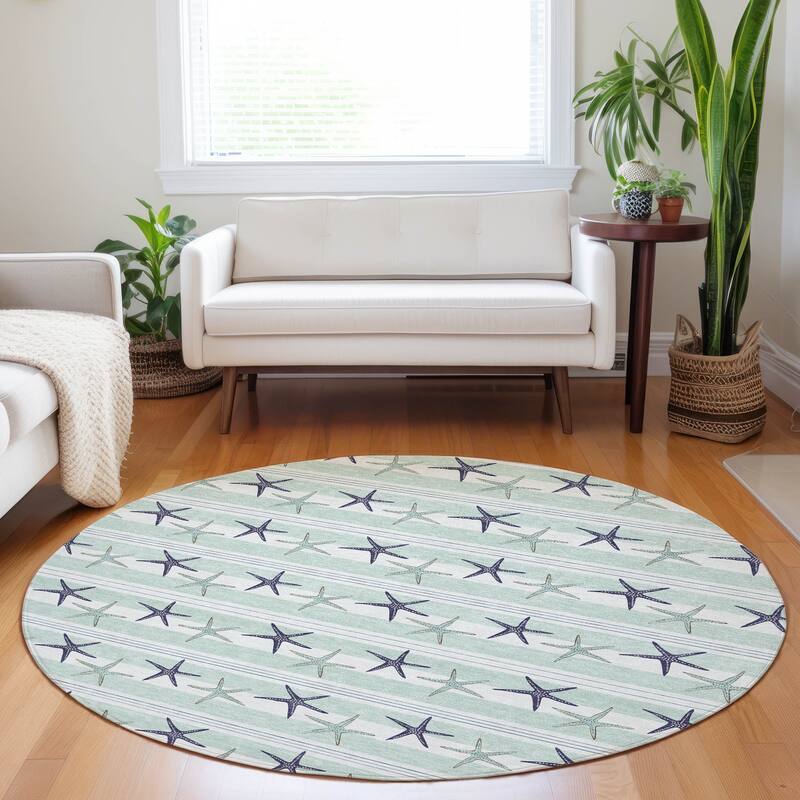 Premium Washable Super Soft Starfish Coastal Stripes Mayfield Rug - Seaglass - 8' x 8' - Round