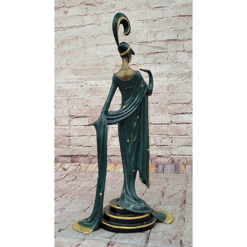 J. Erte Art Deco Bronze Lady Statue – Glamorous Figurine In Flowing Gown With Star Accents On Marble Base
