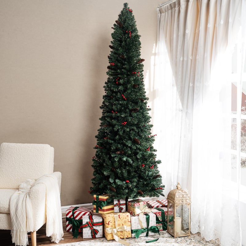 6.5ft Pencil Christmas Tree Prelit pre-Decorated with Pine Cones Red Berries 250 Warm Lights and Metal Stand - Green,7.5ft