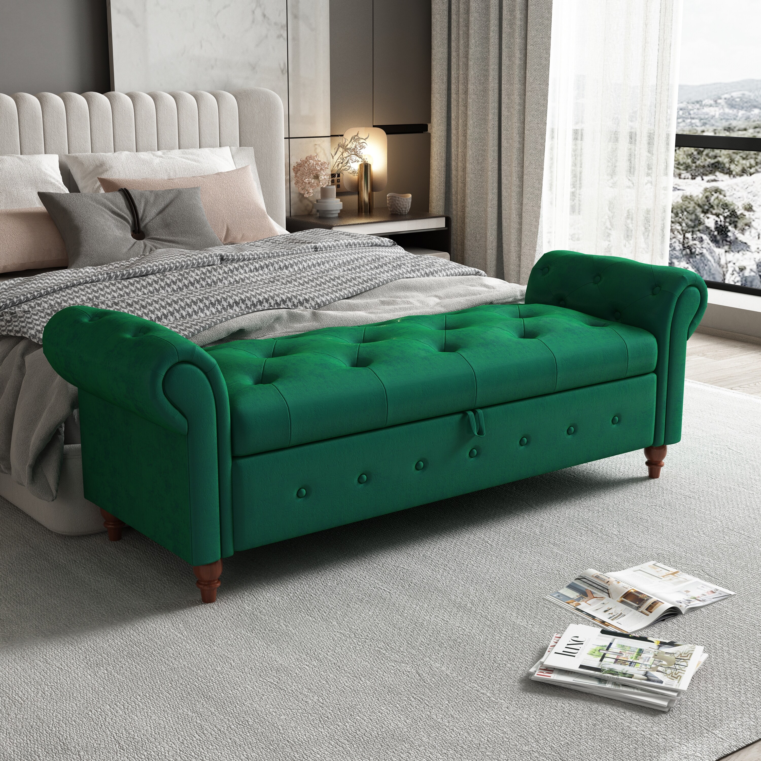 Tufted Upholstered Bed End Stools Ottoman Benches with Flip Top