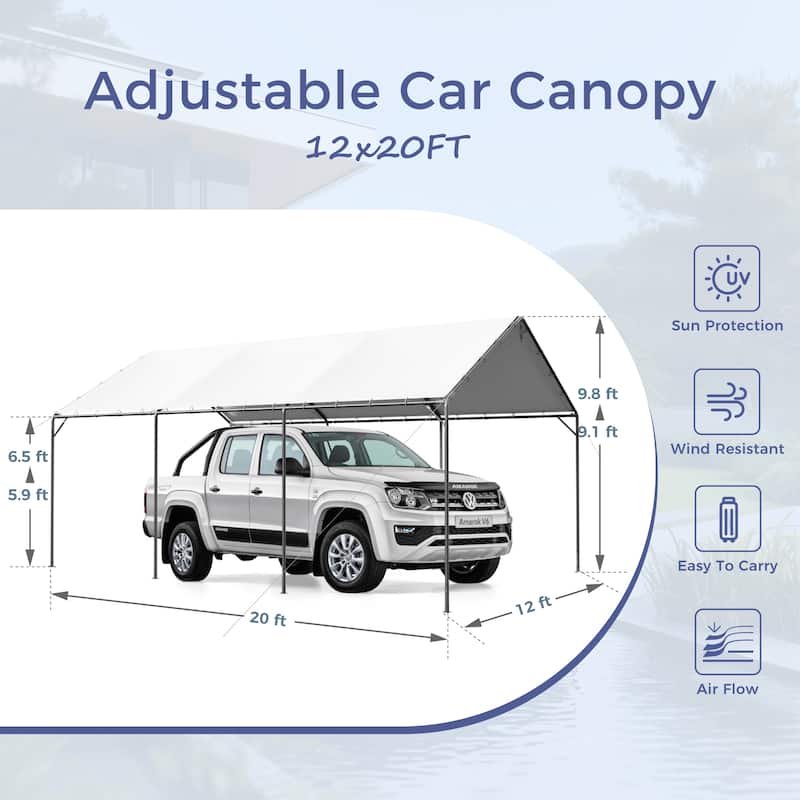 MAISON ARTS Heavy Duty Carport 12x20 ft - Height Adjustable Car Canopy Garage for Boat & Party Tents