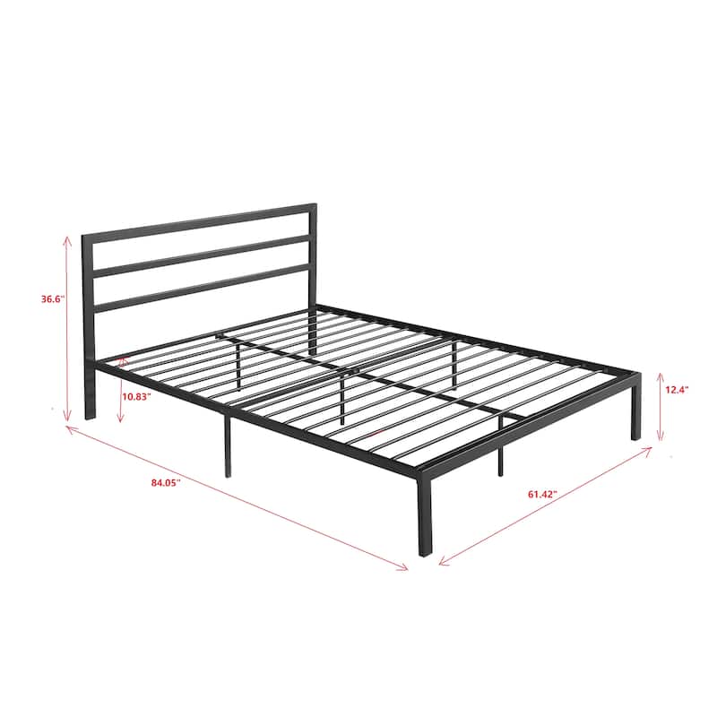 Heavy Duty Metal Platform Bed, Queen Size Steel Slat Bed Frame with Headboard