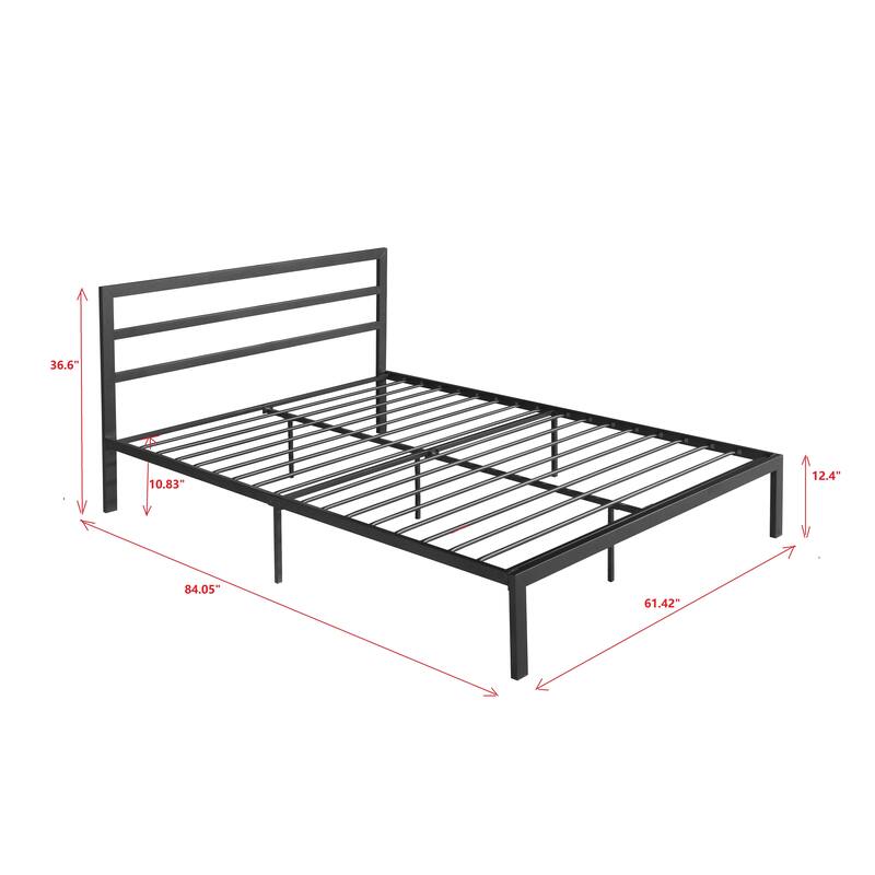 Queen Size Metal Platform Bed with Wood Headboard and Storage Space