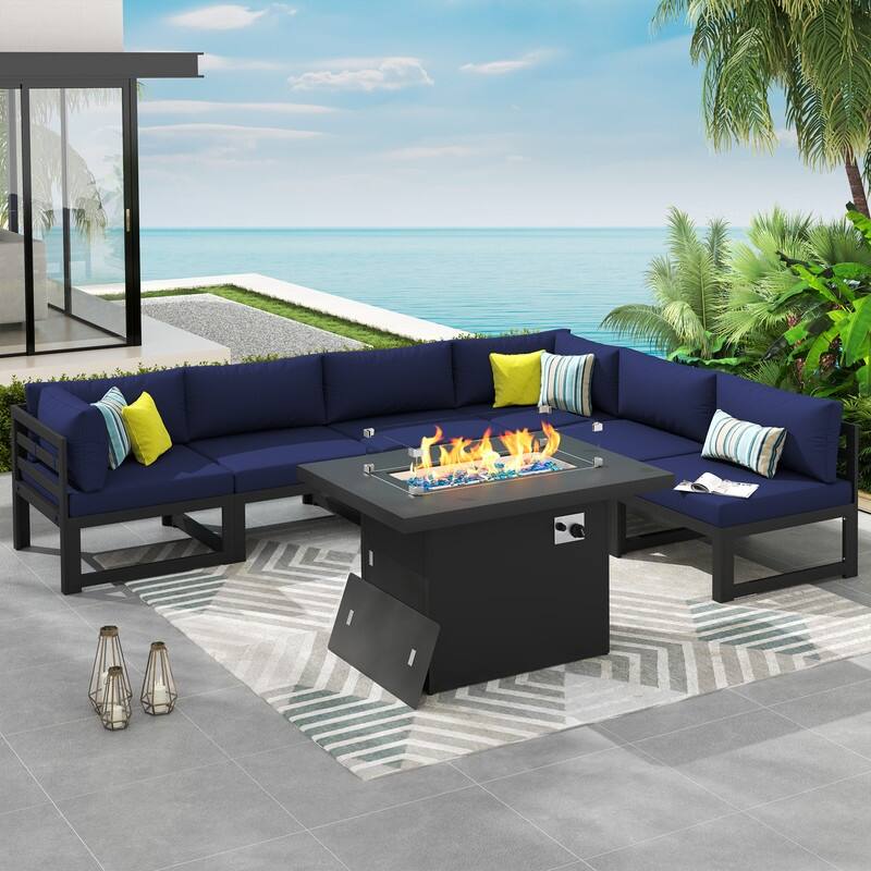 7 Piece Aluminum Patio Furniture Set with Fire Pit Propane/Gas, 29 inch Deep Wide Seat Aluminum Outdoor Sectional - Gray Frame - Navy Blue