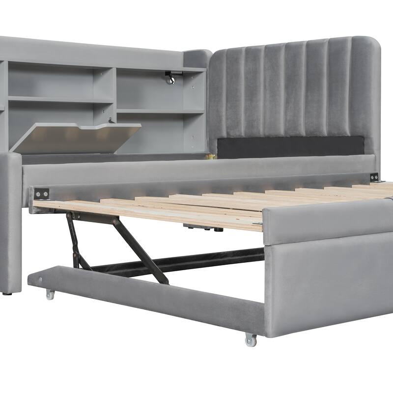 Twin Size Velvet Upholstered Daybed with Pull Out Trundle, Built In Storage and Charging Station