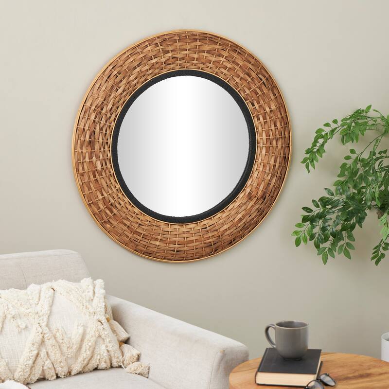 Brown Seagrass Handmade Room Wall Mirror with Black Inner Frame - Brown