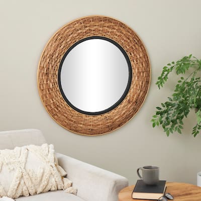 Brown Seagrass Handmade Room Wall Mirror with Black Inner Frame