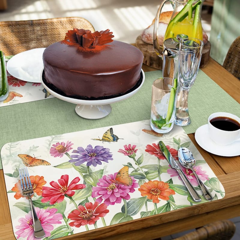 CounterArt Zinnias & Butterflies Reversible Easy Care Flexible Plastic Placemat 4 Pack Made in The USA