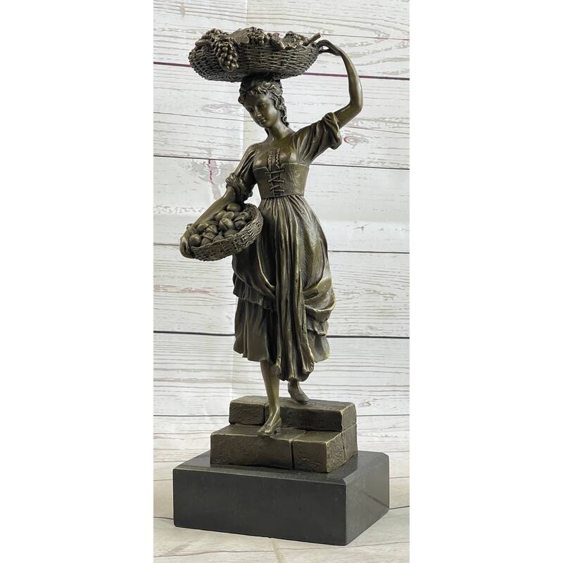 Farmer Girl Carrying Basket Of Fruits Bronze Statue Sculpture 15.5 Inches X 6 Inches