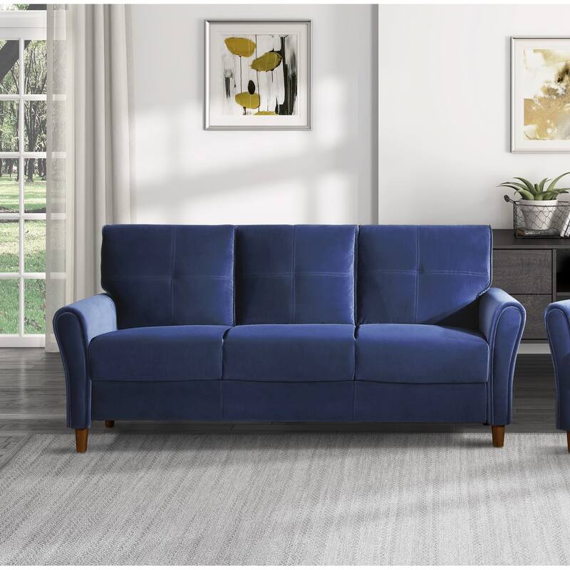 Velvet Upholstery Plush Tufted Sofa with Flared Arms, Solid Wood Frame - 1pc 80" Modern Living Room Couch - Blue