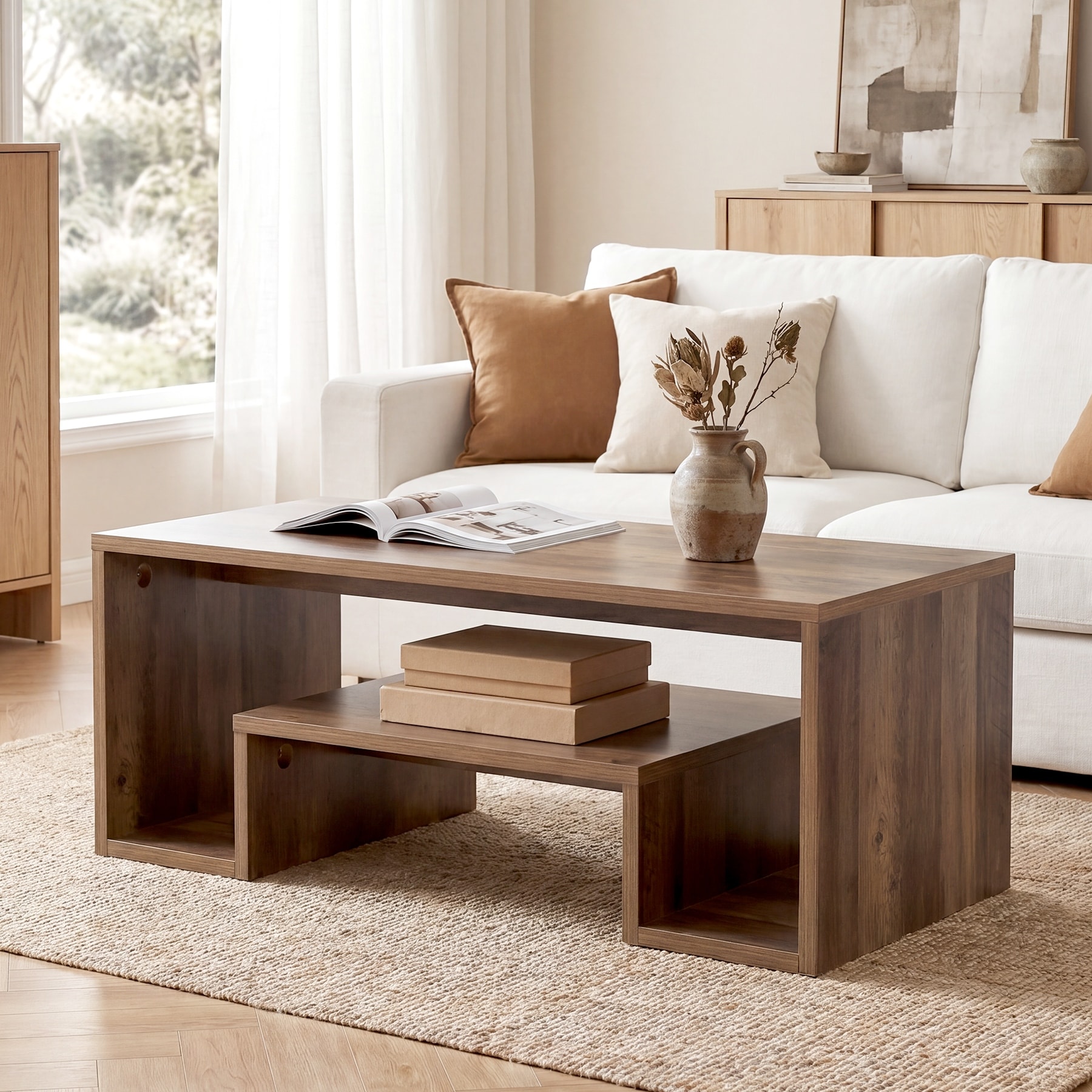 47" Rectangle Coffee Table, 2-Tier Farmhouse Center Table