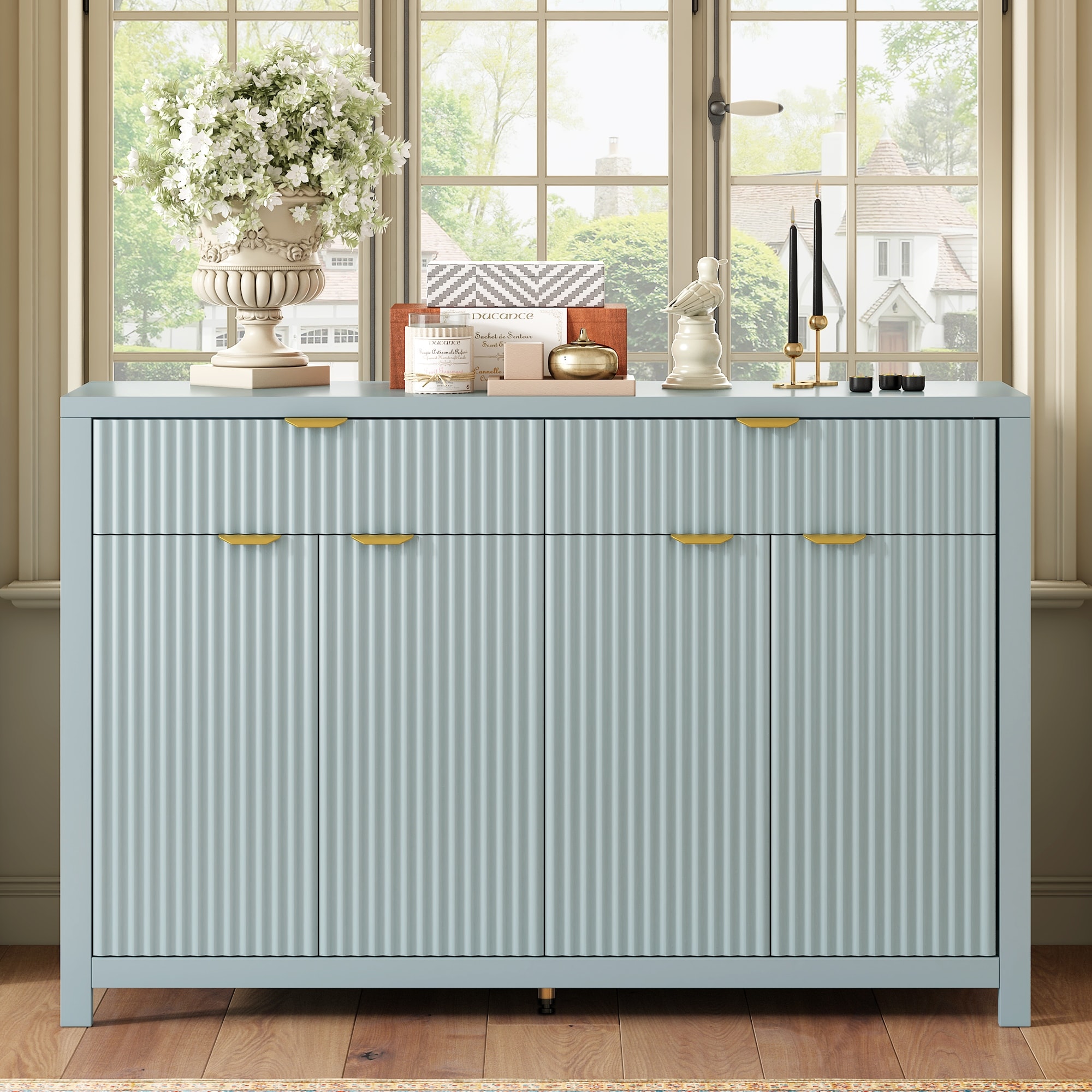 55.1'' Modern Sideboard Buffet, 2 Drawers & 4 Doors, Adjustable Shelves, Wave-Pattern, Aluminum Handles