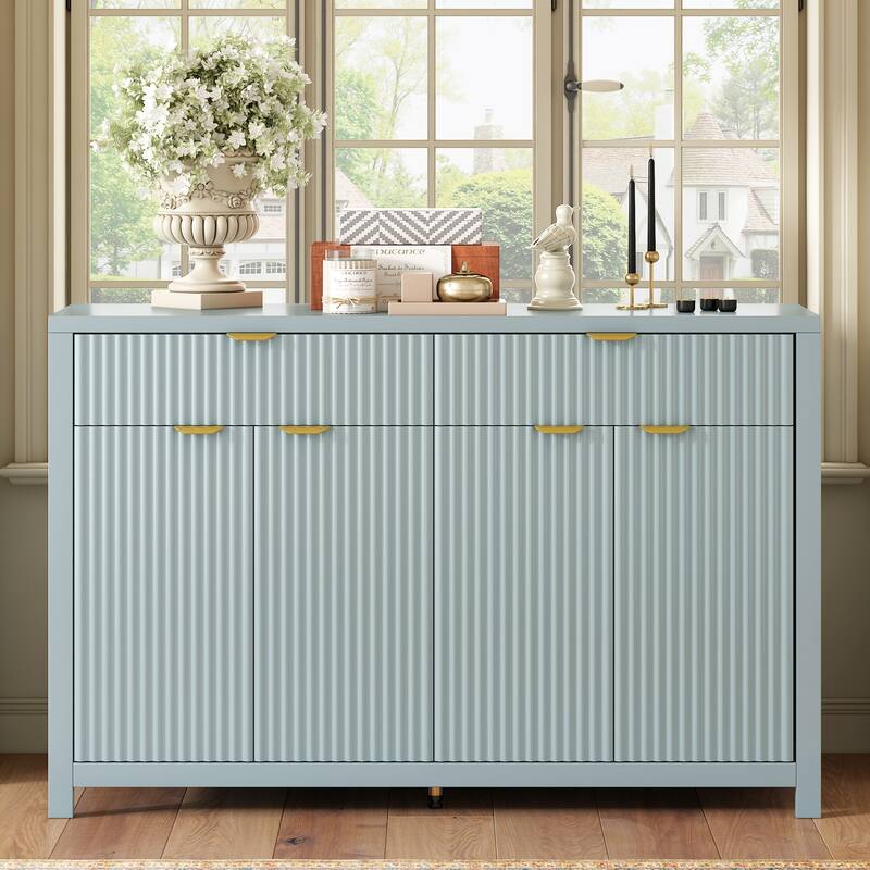 Roomfitters Sideboard Buffet Cabinet with 2 Drawers, 4 Door Mid-century Modern Fluted Storage for Kitchen & Dining Room, Cyan - Cyan