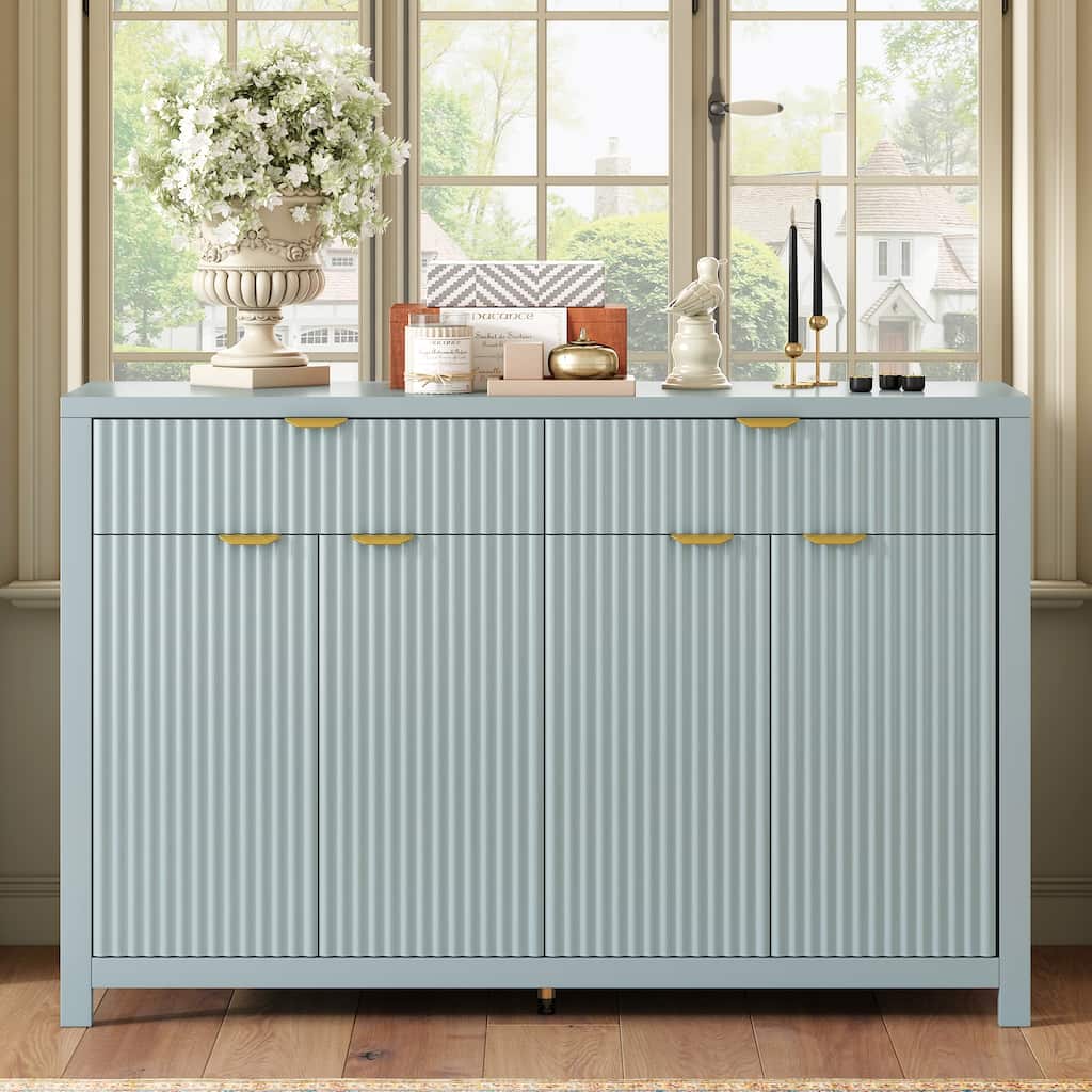 Roomfitters Sideboard Buffet Cabinet with 2 Drawers, 4 Door Mid-century Modern Fluted Storage for Kitchen & Dining Room, Cyan