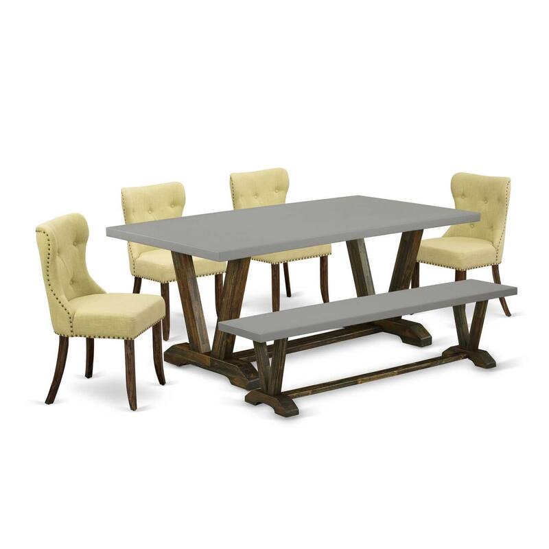 Mid Century Dining Set - 6 Piece Table & Chair Set with Bench - Linen Fabric Parsons Chairs