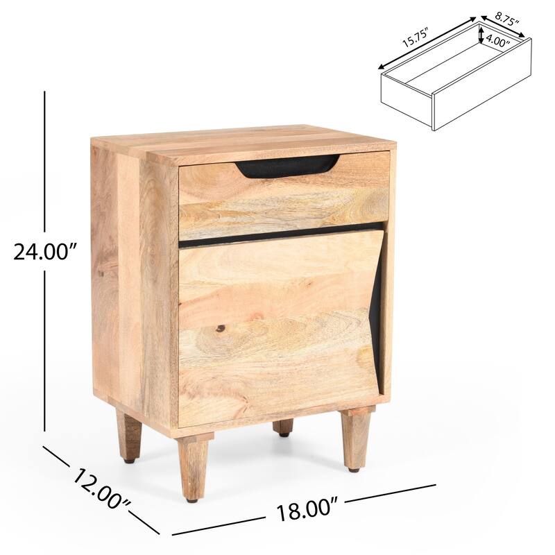 Solid Wood Nightstand with Drawer and Cabinet, Natural Finish Bedside Table for Bedroom or Small Spaces