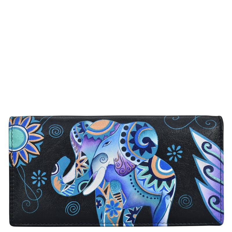Handpainted Leather Ladies Two-Fold Clutch Wallet - Blue Elephant
