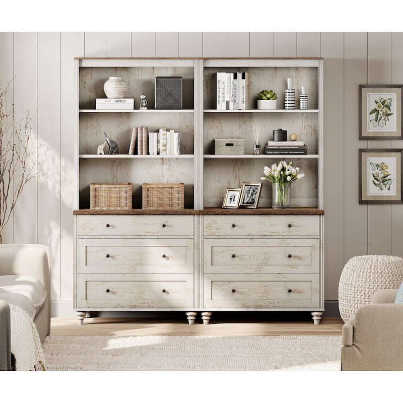 Rustic White Bookcase with Doors, Large Wood Farmhouse Book Case Shelf - 6 drawers