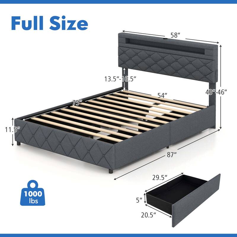 Full/Queen Size Bed Frame Upholstered Platform Bed w/ Charging Station - Full
