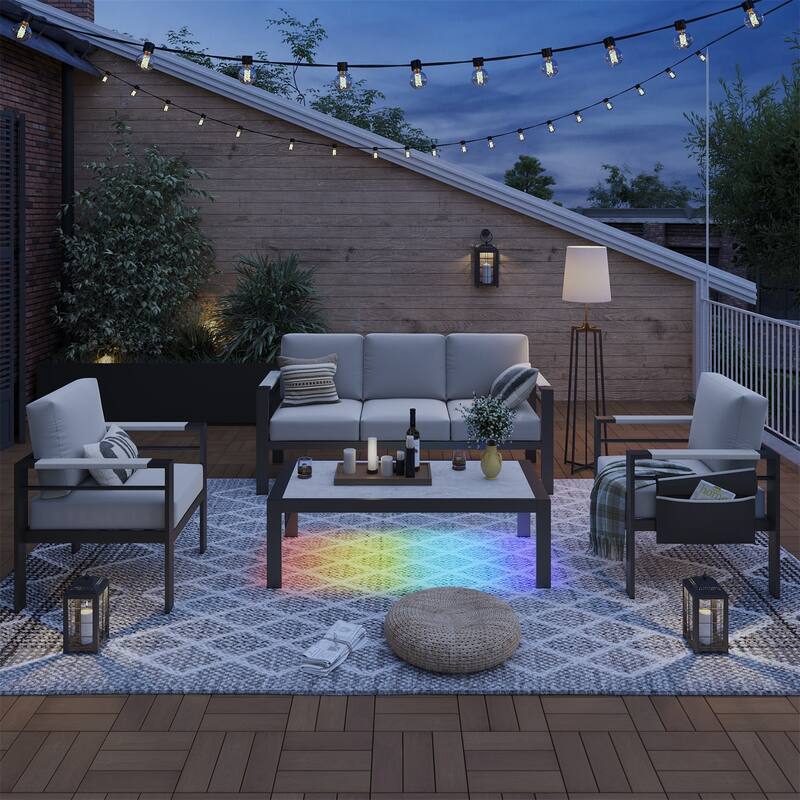 4-Piece 5 Seat Aluminum Patio Conversation Set with Cushions LED Coffee Table and Sofa