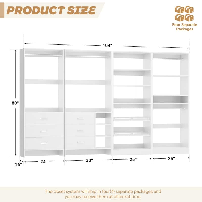 Cimly Set of 4 Closet Organizer with Drawers and Shoe Rack, Freestanding Closet System with Hanging Rods