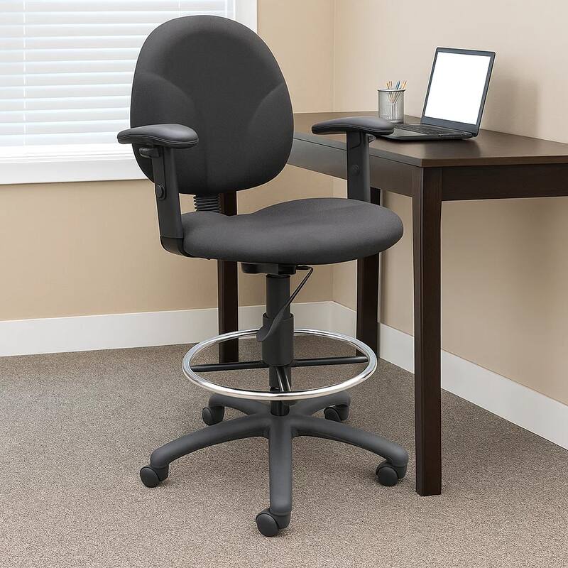 Zem Drafting Stool with Adjustable Arms & Chrome Footring, Black Crepe