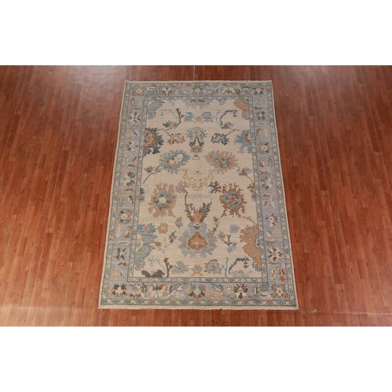 Hand Knotted Oriental 100% Wool Carpet Transitional All-Over Beige & Ivories Oushak Area Rug - 9' 0'' X 6' 1''