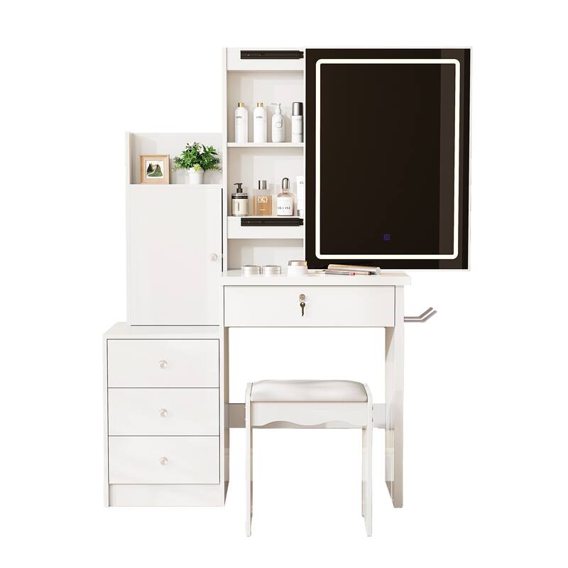 Makeup Vanity Desk with Sliding LED Mirror, 4 Drawers, 9 Storage Spaces & Stool