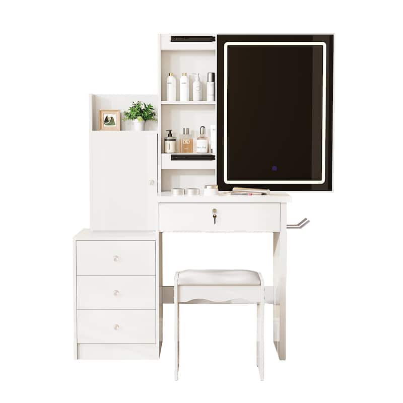 Vanity Desk Set with Sliding Lighted Mirror, Makeup Dressing Table