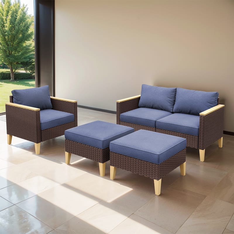 Gymojoy OUtdoor High Back Couch with Chair and Ottomans - Brown - Blue