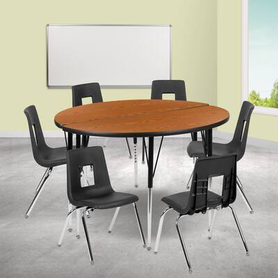 47.5" Circle Wave Collaborative Laminate Activity Table Set with 18" Student Stack Chairs, Grey/Black