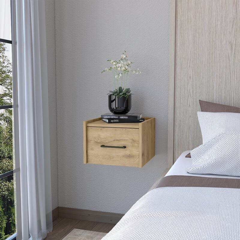 Wall-Mounted Nightstand, Sleek Single-Drawer with Spacious Top Shelf - Nature