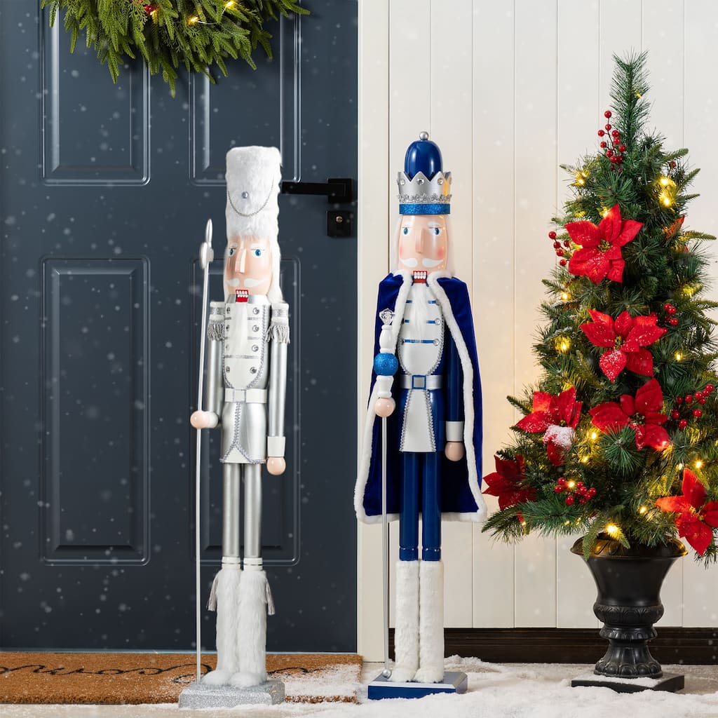 Glitzhome 42"H Wooden Happy Hanukkah Blue Silver Dressed King Soldier Nutcracker Xmas Gifts