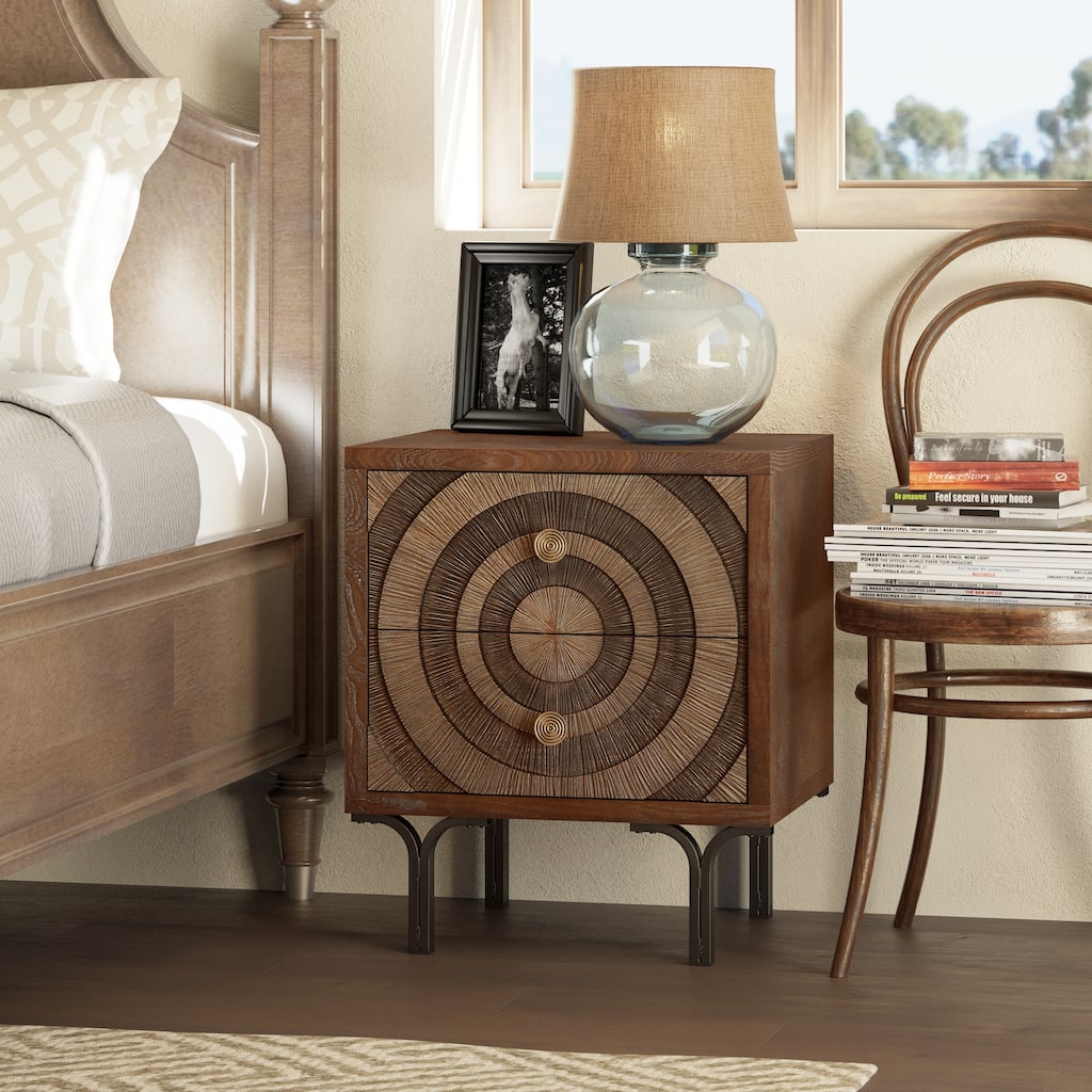 COZAYH Farmhouse Nightstand, Accent Wooden Storage with Circle Pattern and Radioactive Wood Lines, Mid-century Dresser