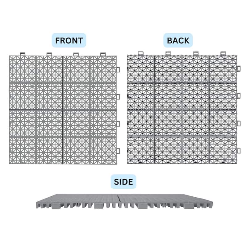 12 x 12 Inch Gray Interlocking Deck Tiles Plastic Waterproof All Weather Anti-slip Bathroom Shower Balcony Porch, Pack of 12