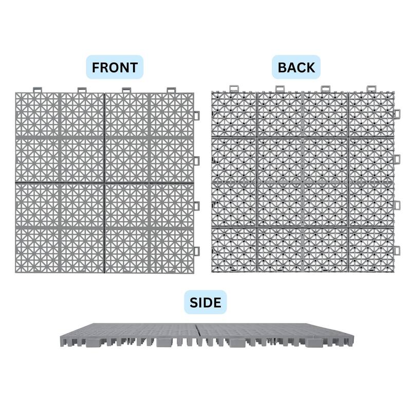 12 x 12 Inch Gray Interlocking Deck Tiles Plastic Waterproof Outdoor All Weather Anti-slip, Rosette Pattern Pack of 12