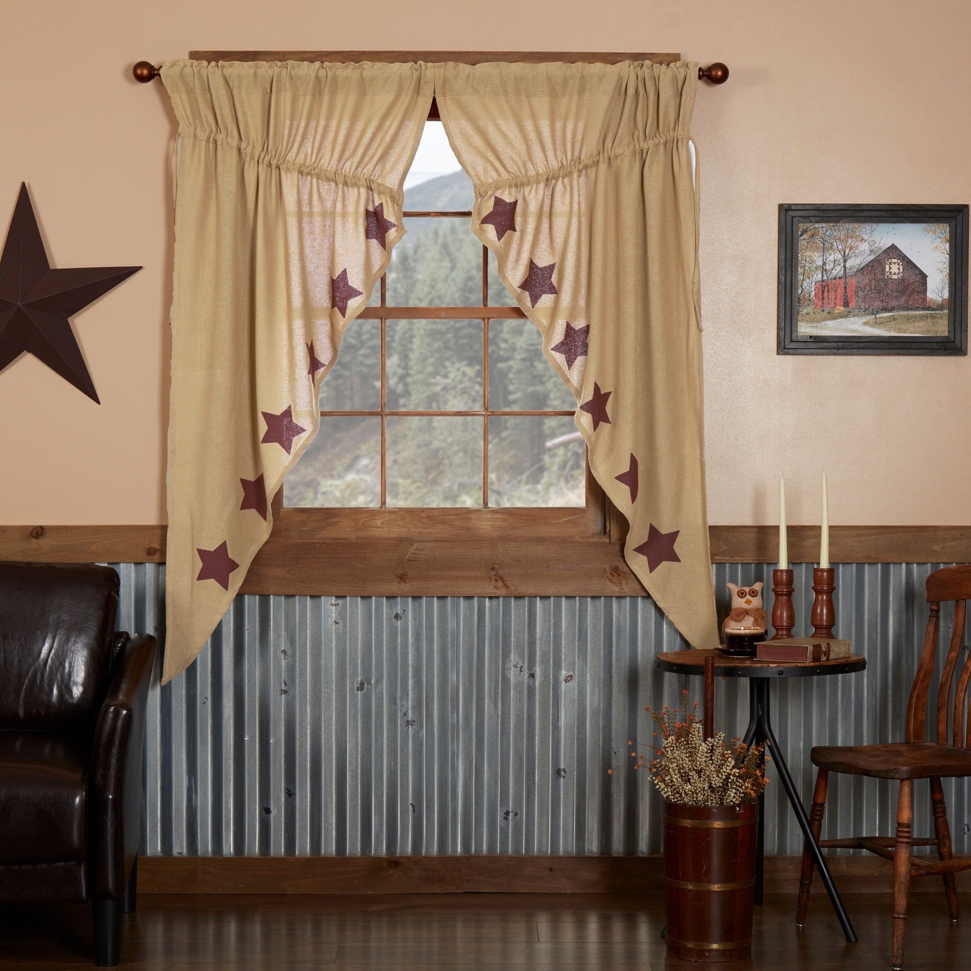 Burlap with Stencil Stars Short Prairie Panel Set - Prairie Panel 63x36