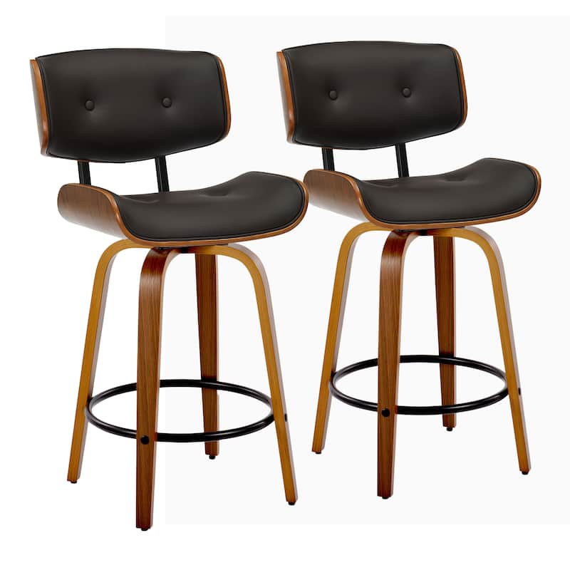 Carson Carrington Leksand 26" Fixed-Height Counter Stool with Bent Wood Legs (Set of 2) - Espresso Faux Leather/Walnut/Black