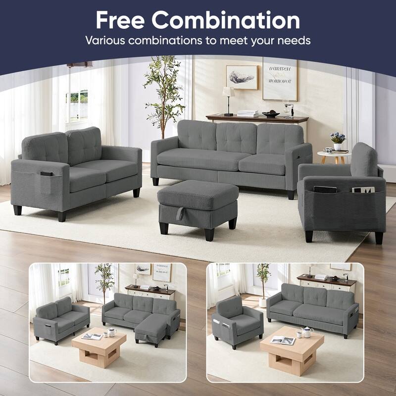 Mixoy 76'' L-Shaped Sofa Set,Corduroy Sectional Sofa,Mid Century 3-Seater Sofa with Storage Ottoman/Loveseat/Single Sofa